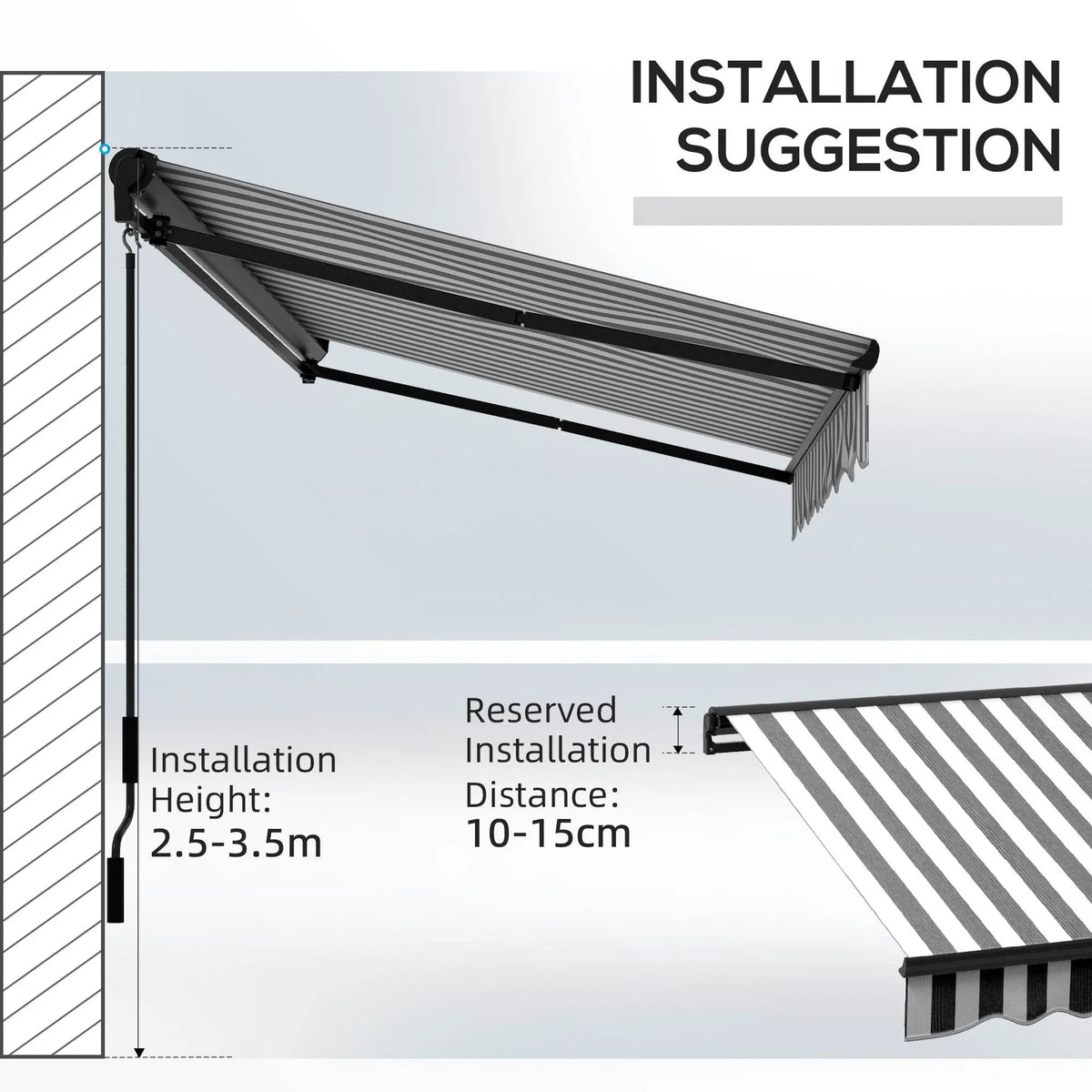 Retractable striped awning showing installation height and reserved clearance measurements