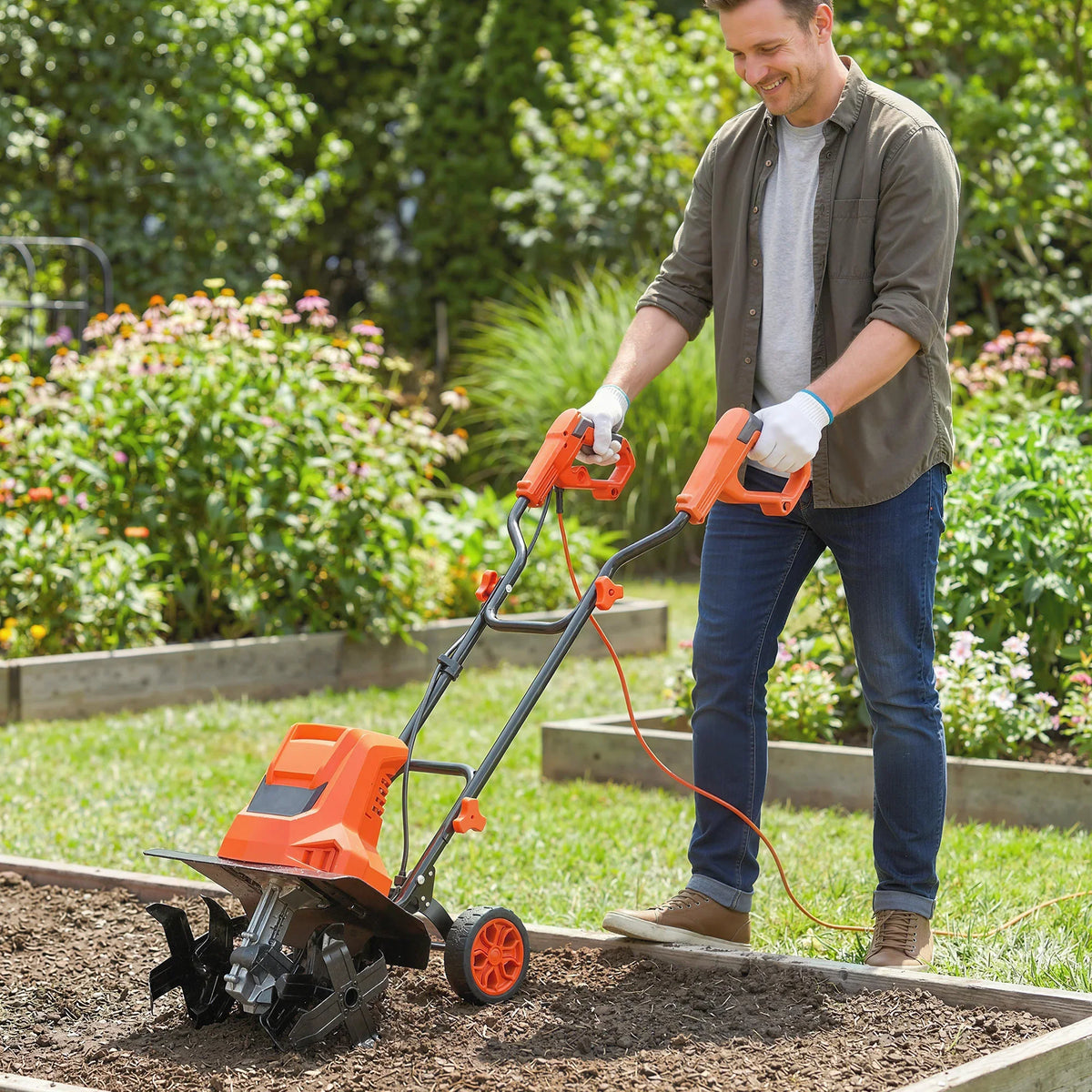 Electric garden tiller with foldable handle, orange housing and wheeled base