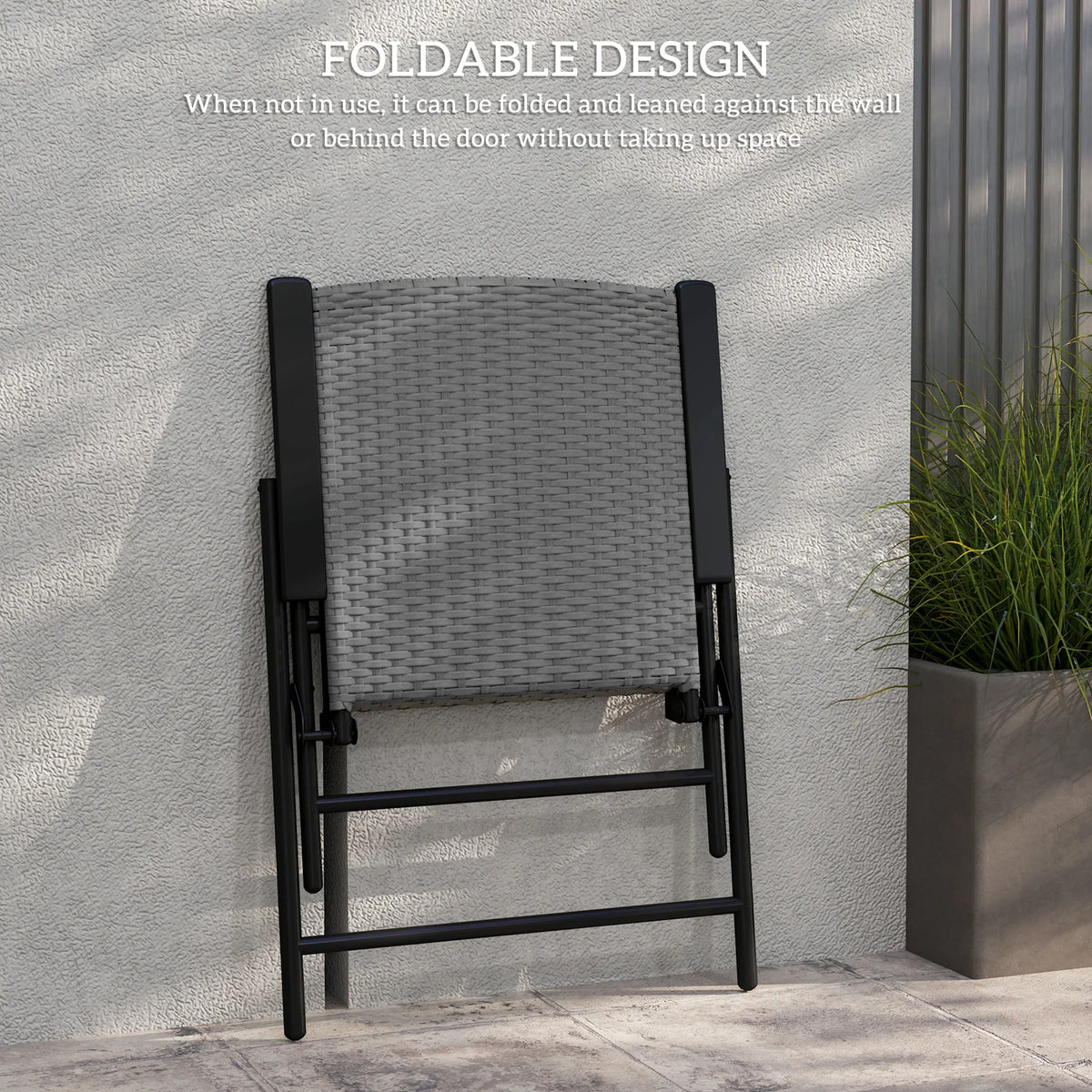 Folded grey woven patio chair with black steel frame and side supports