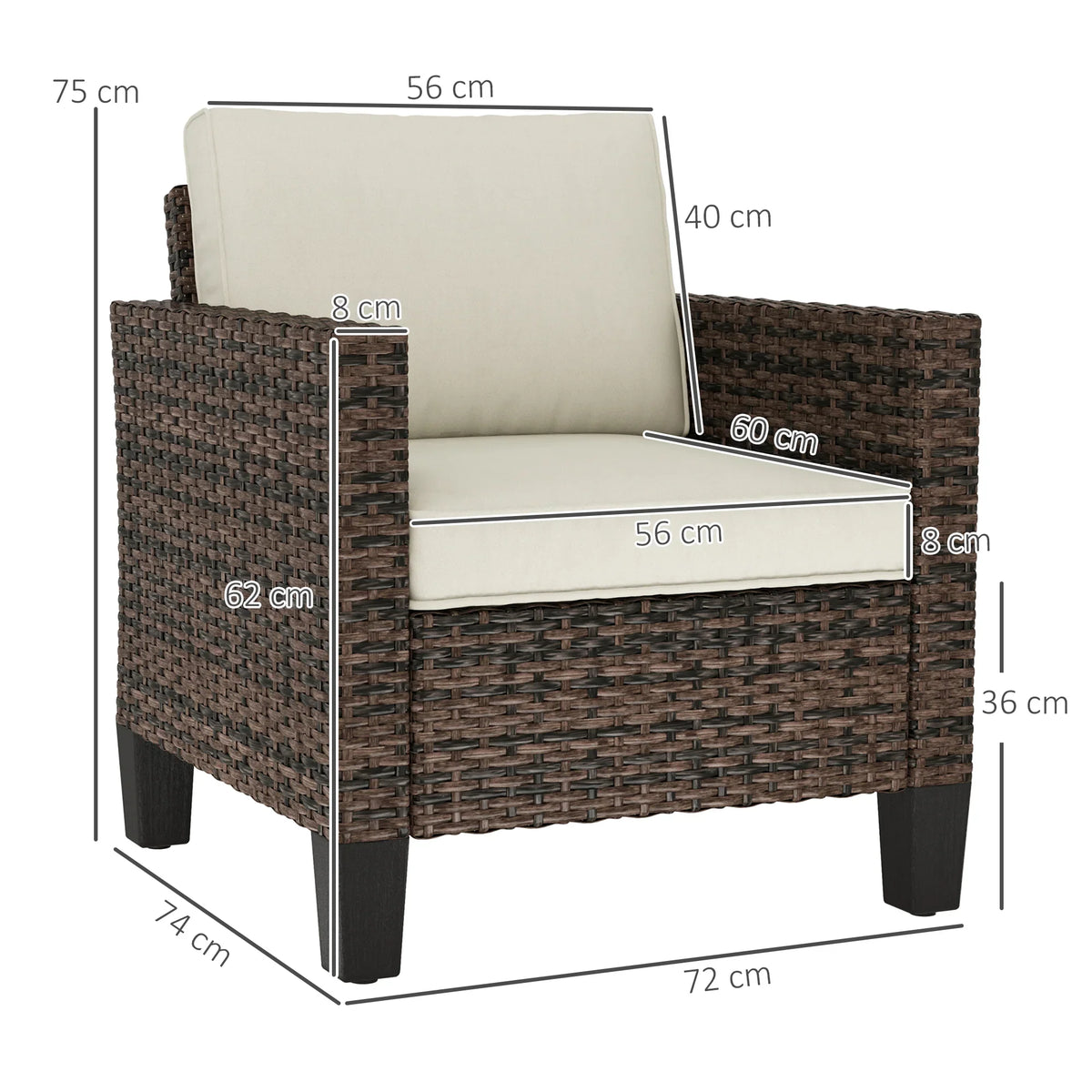 Dark brown wicker rattan armchair with beige cushions and squared arms, 1-seat size