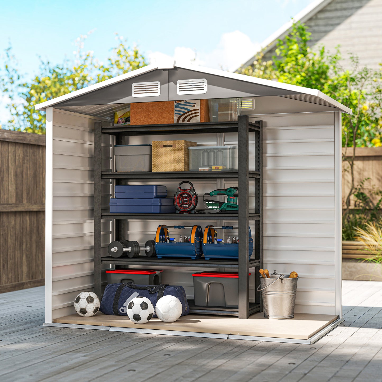 Outsunny 7 X 4ft Garden Shed Galvanised Steel Frame With Foundation Kit Easy Assembly Double Doors With Lock Light Grey