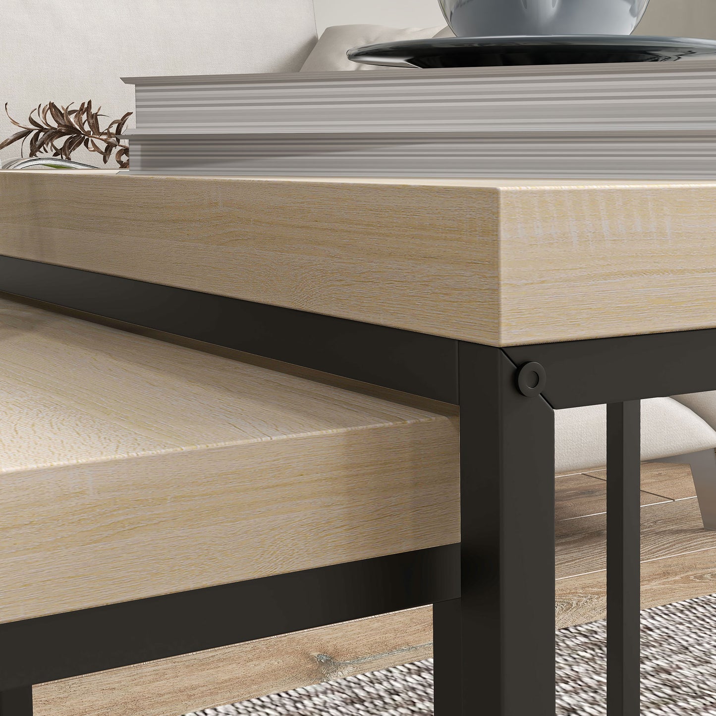 HOMCOM Nesting Coffee Table Set of 2 with 3.5cm Thick Oak Tabletop and Steel Frames