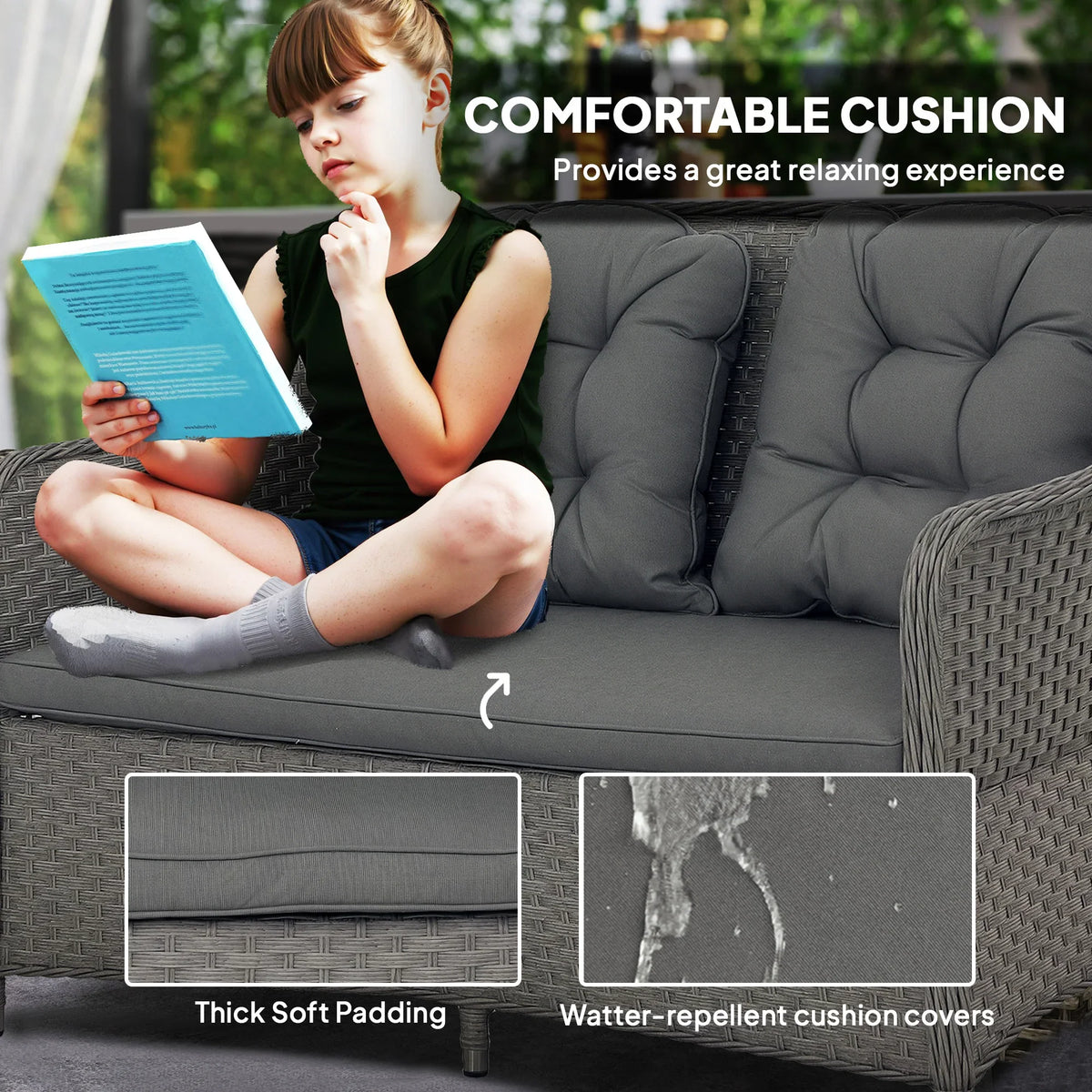Dark gray patio armchair with thick padded cushion and water-repellent cover detail