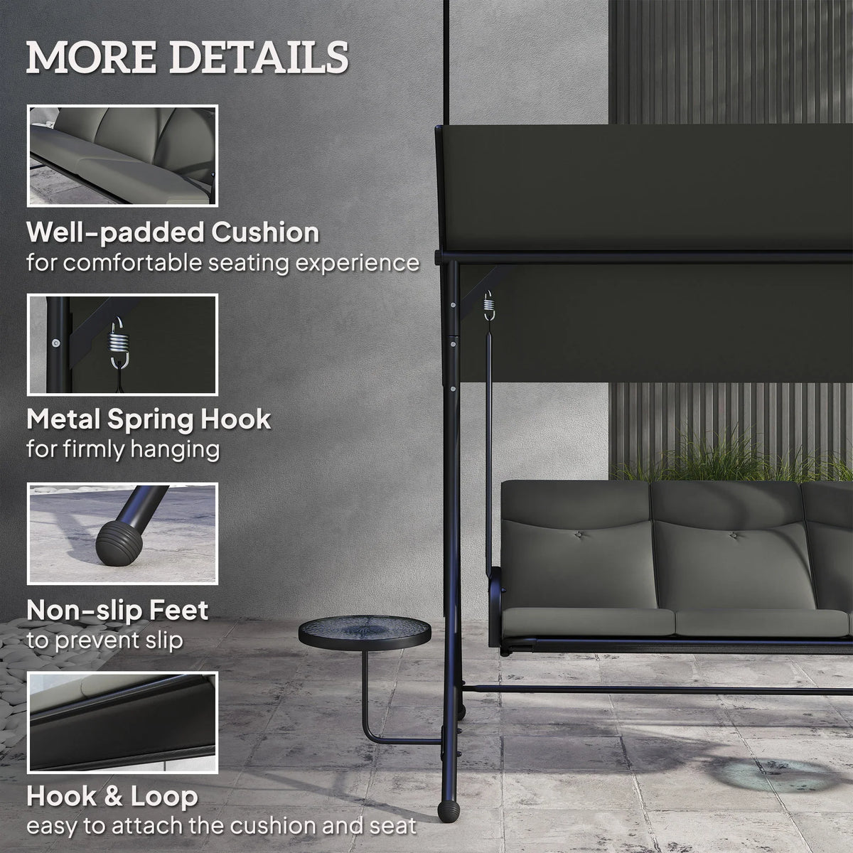 Three-seater swing with thick grey cushions, canopy frame, and seat hook details