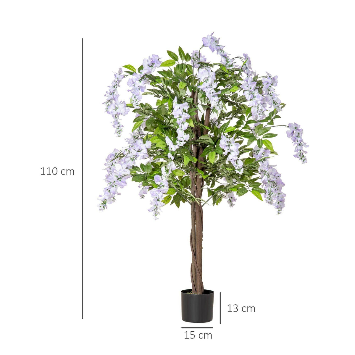Artificial wisteria tree in a dark pot, lilac and white flowers with green leaves, 110 cm
