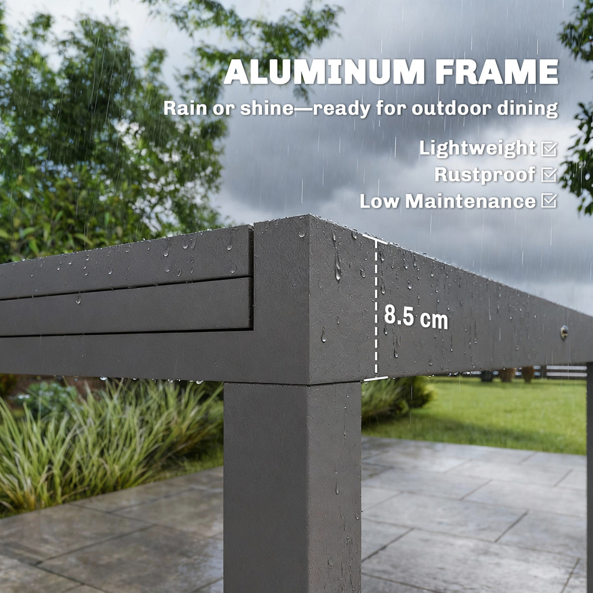 Grey aluminum table frame corner with rain droplets, sturdy outdoor dining base