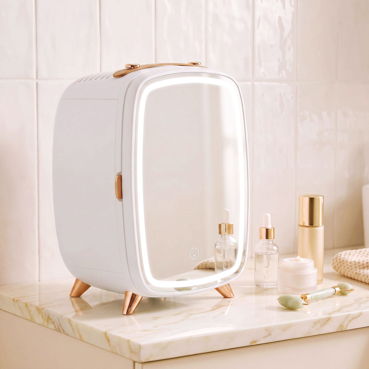 White skincare refrigerator with built-in mirror door, rose-gold handle and feet