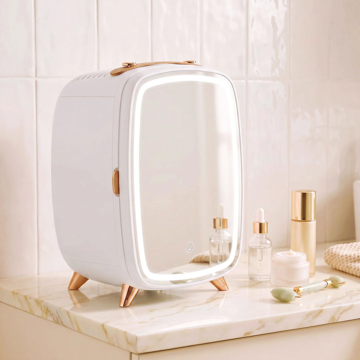 White skincare refrigerator with built-in mirror door, rose-gold handle and feet