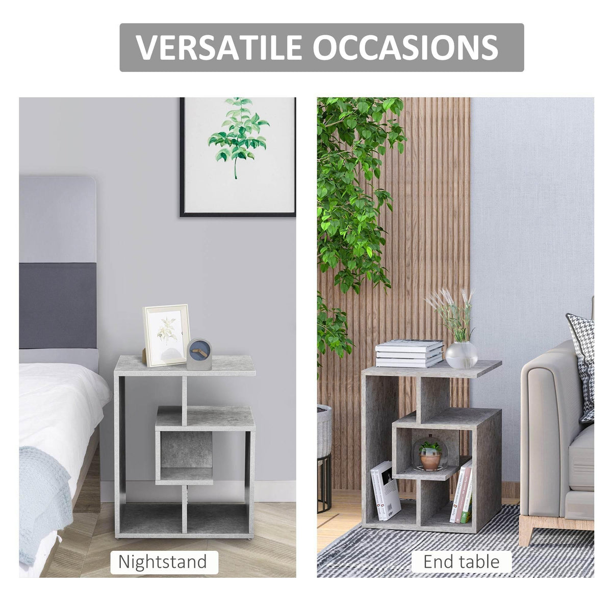 Cement-finish 3-tier side table with open shelves for bedroom or living room