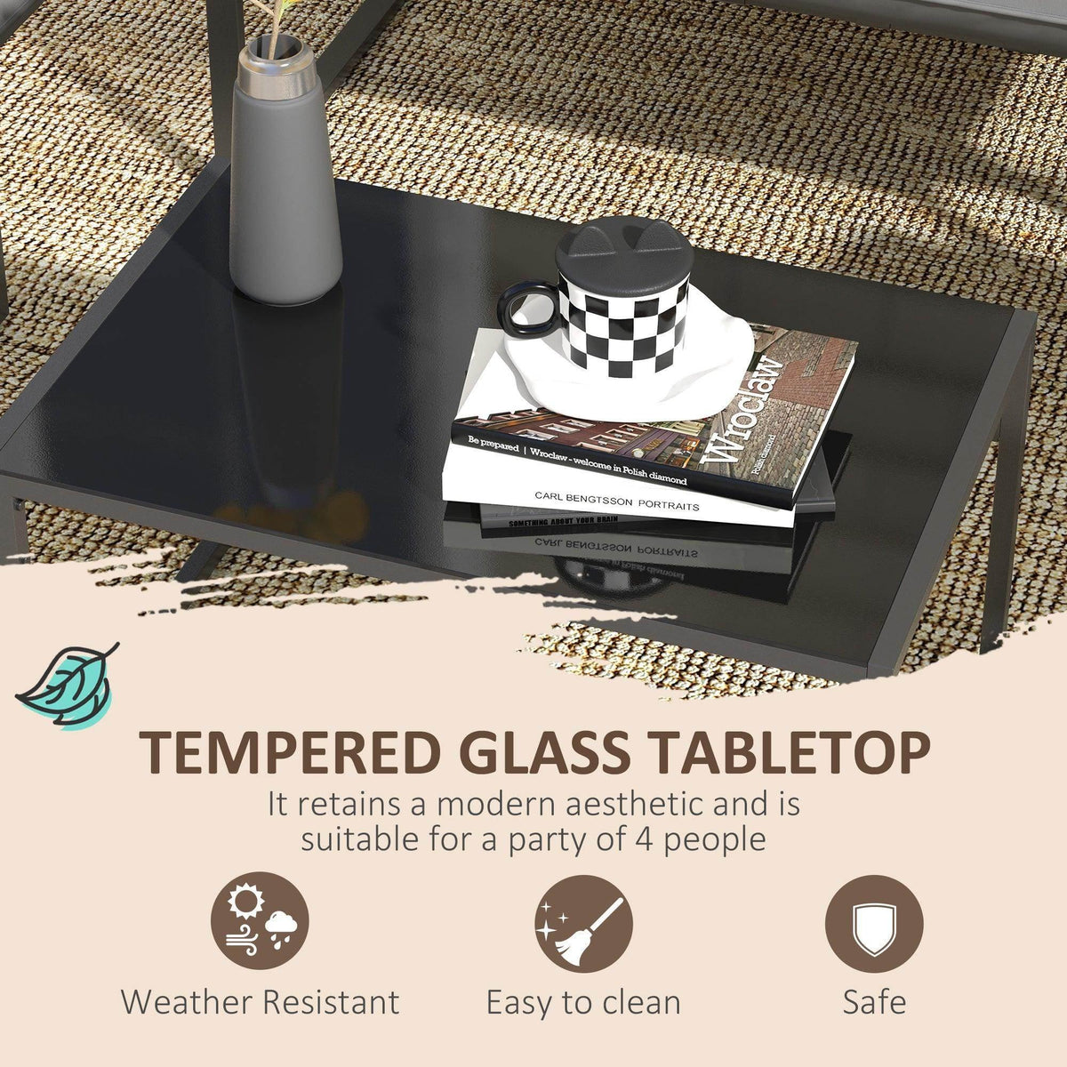 Rectangular coffee table with dark frame and tempered glass tabletop