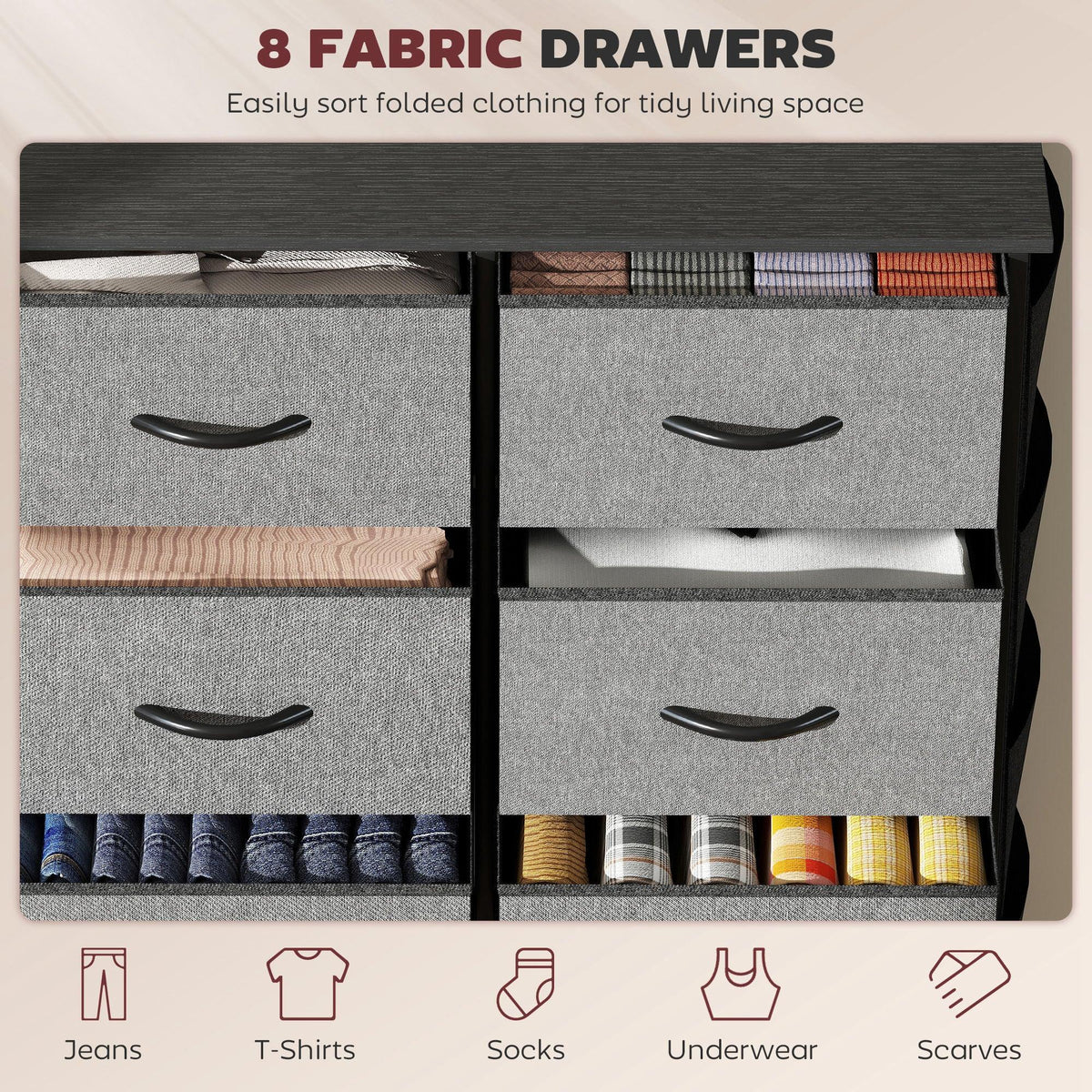 Charcoal grey eight fabric drawers with curved pull handles, open front storage
