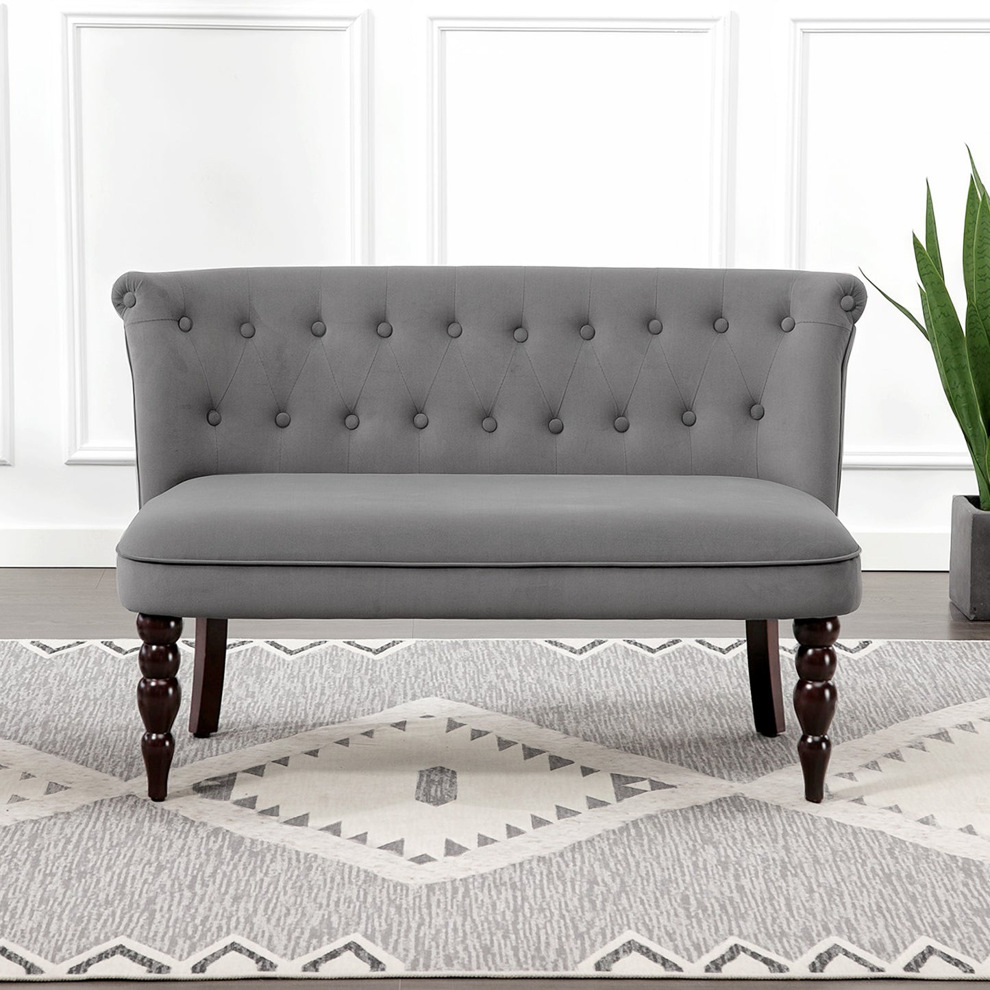 HOMCOM Velvet 2 Seater Sofa With Button Tufted Wingback Loveseat Rubber Wood Legs Charcoal Grey For Living Room