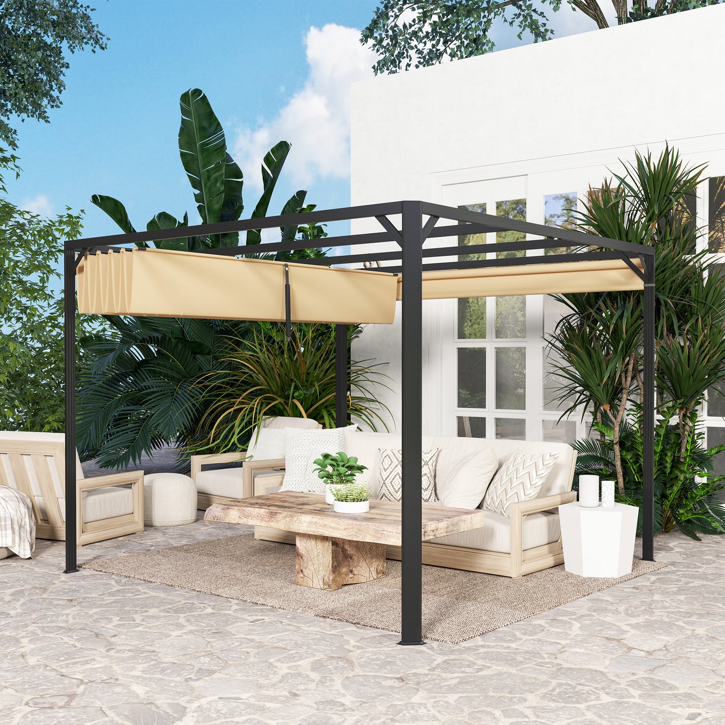 Outsunny 3 x 3m Aluminium Pergola With Retractable Roof And Side Panel Khaki Outdoor Shelter For Garden