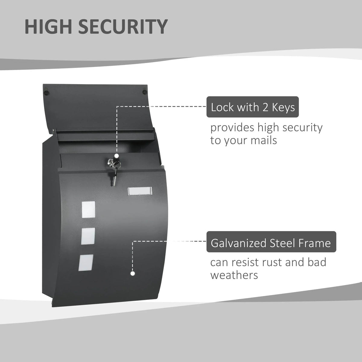 Wall mailbox with key lock, frosted mail viewing windows, and open mail flap