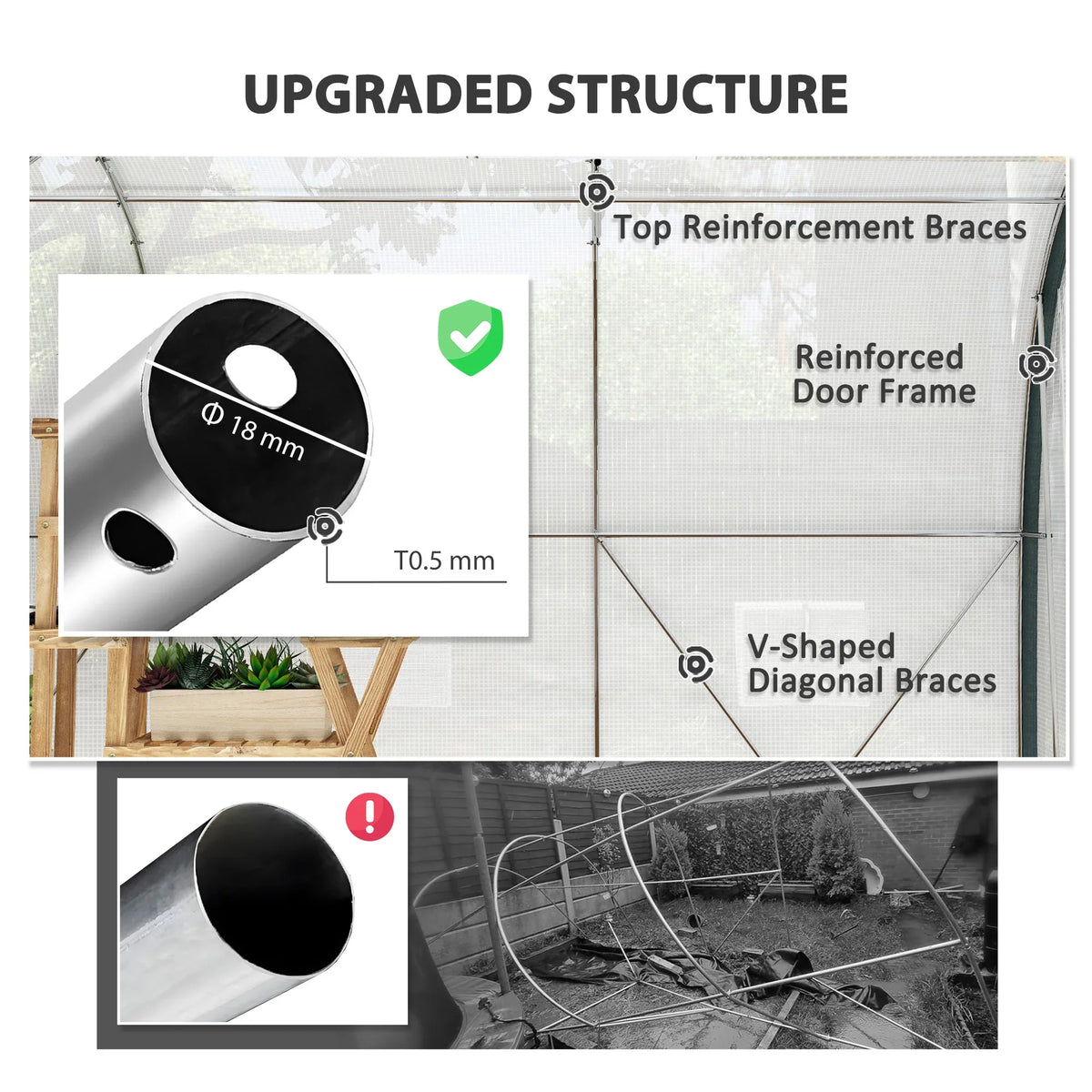 Reinforced walk-in tunnel greenhouse with dark gray arched frame and diagonal braces