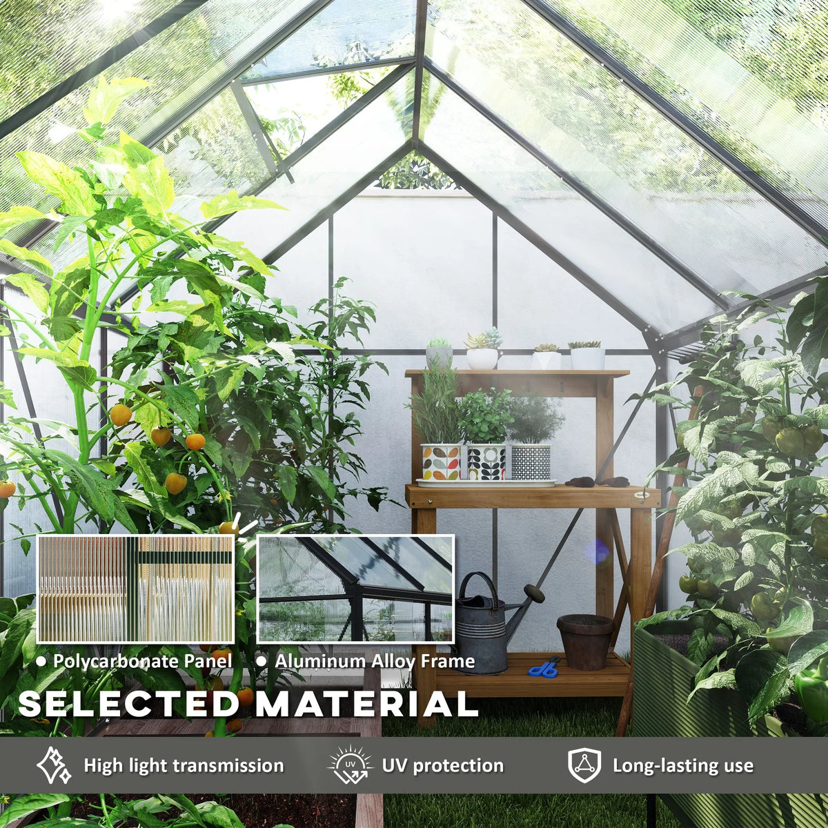 Polycarbonate greenhouse interior with dark grey frame, dense plant shelves and panels