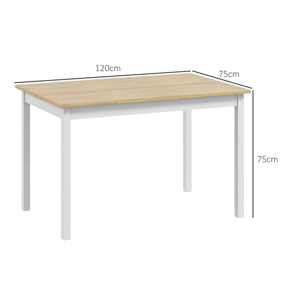 Rectangular dining table with light pine top and white legs, 120cm x 75cm size