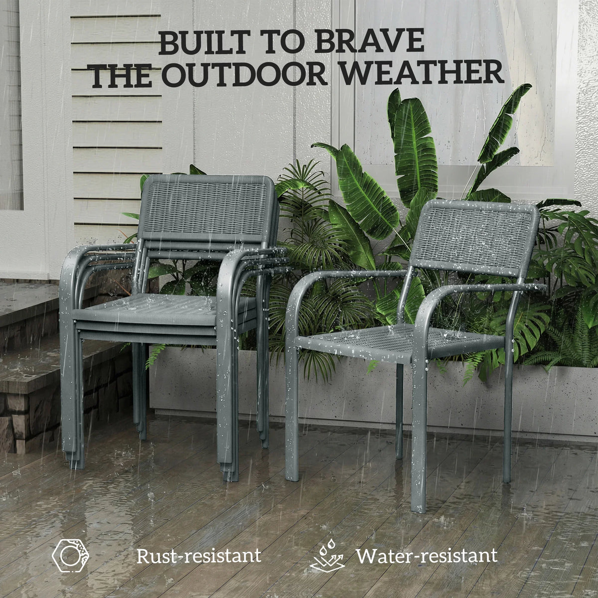 Set of two light grey rattan-effect outdoor dining chairs with curved arms.