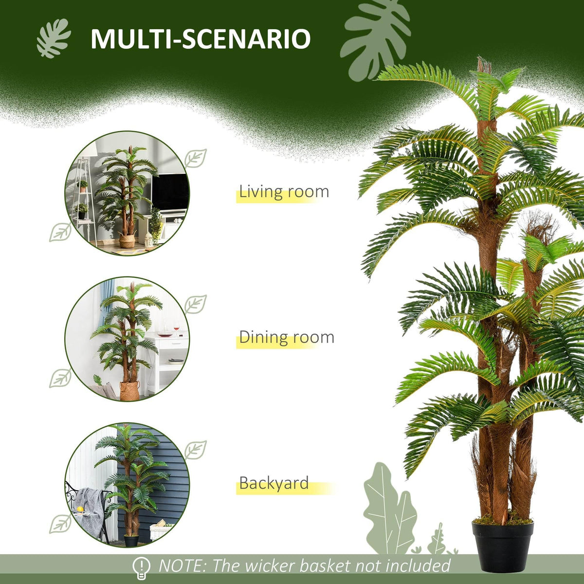 Artificial tropical palm plant in black pot with green fronds and brown trunk