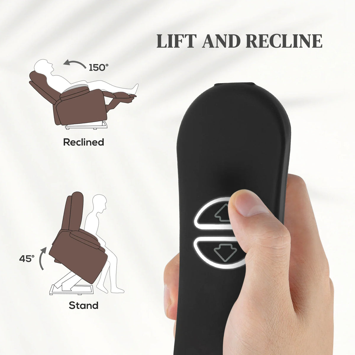 Brown lift-and-recline recliner chair shown in standing and reclined positions