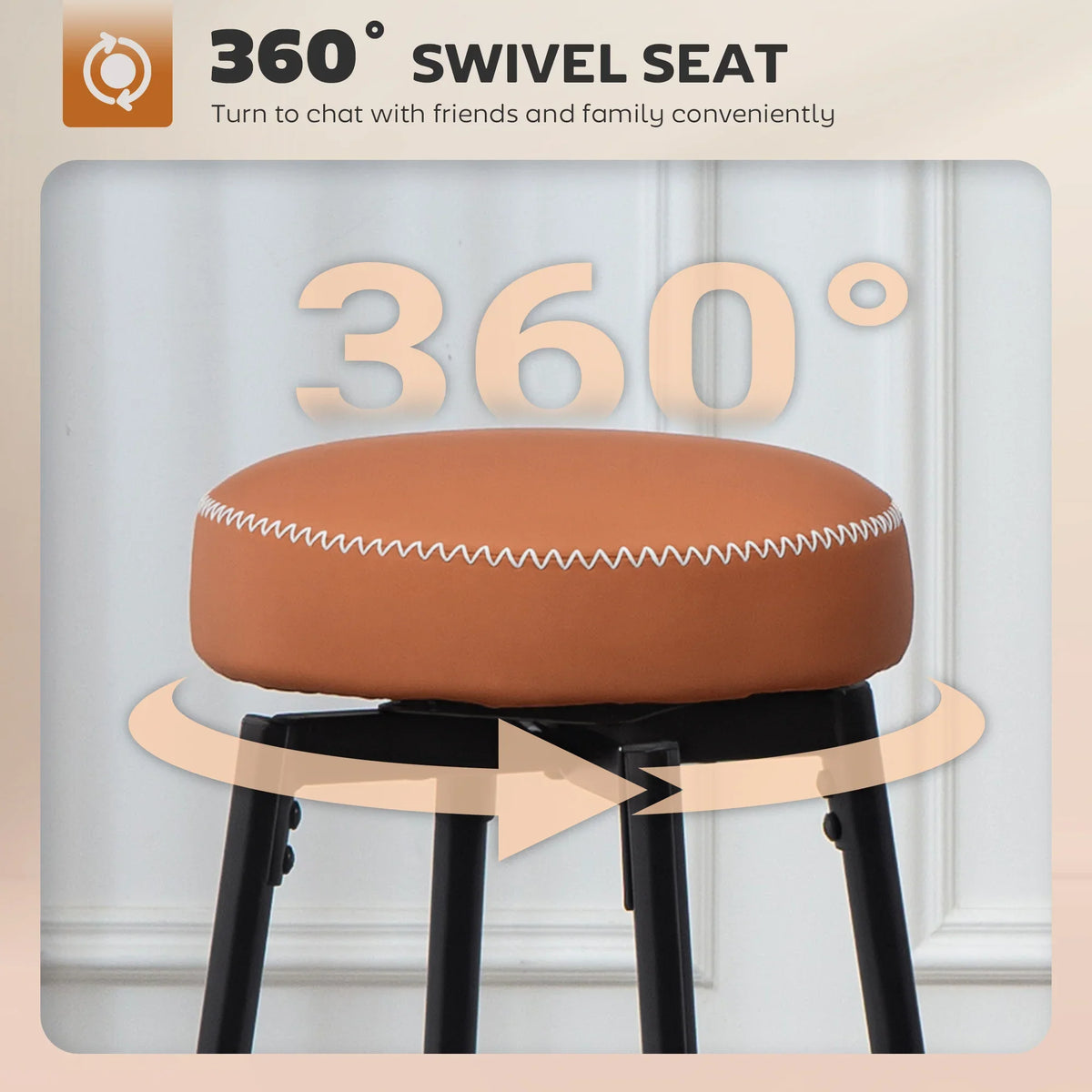 Round orange cushioned bar stool with white-stitched faux-leather top and black legs