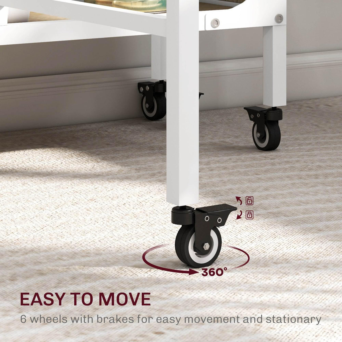 Caster wheels with brakes on a folding dining table frame, 360-degree swivel.