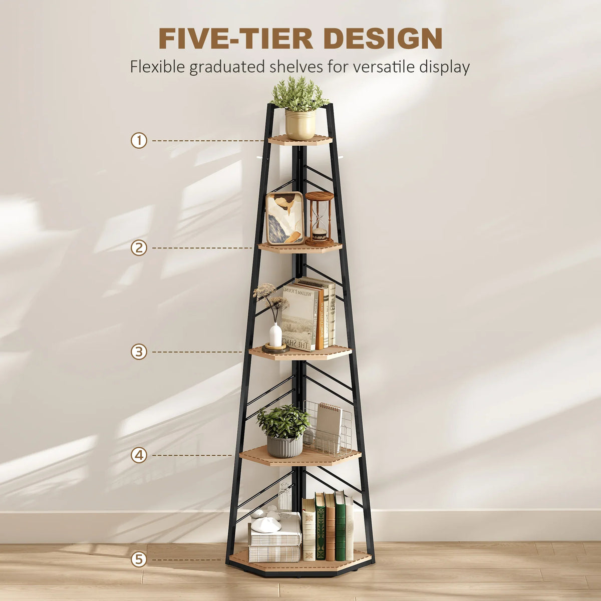 Five-tier corner shelf unit with natural wood tiers and black metal supports, freestanding