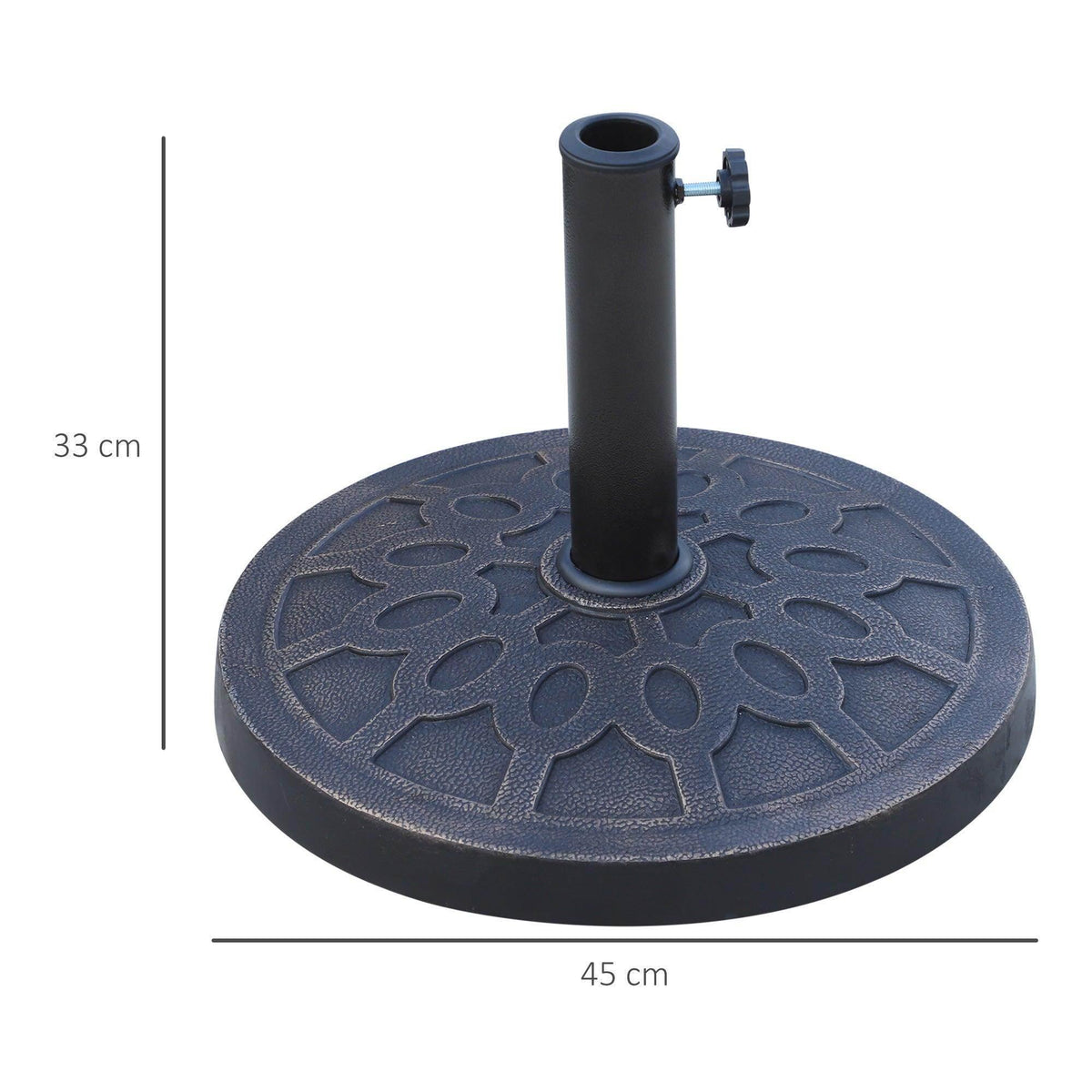 Round resin umbrella base in dark blue with central pole socket and side clamp bolt