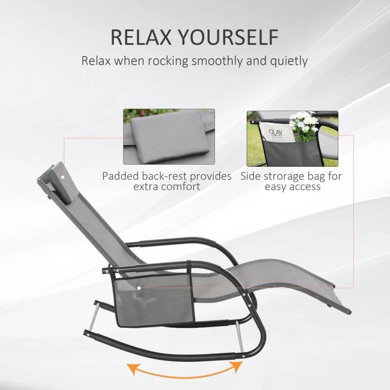 Grey rocking sun lounger with padded backrest and side storage bag for accessories