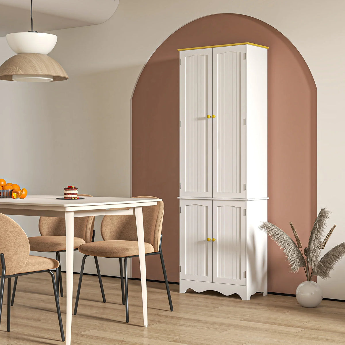 White wood-effect freestanding kitchen cupboard with four doors and six internal shelves