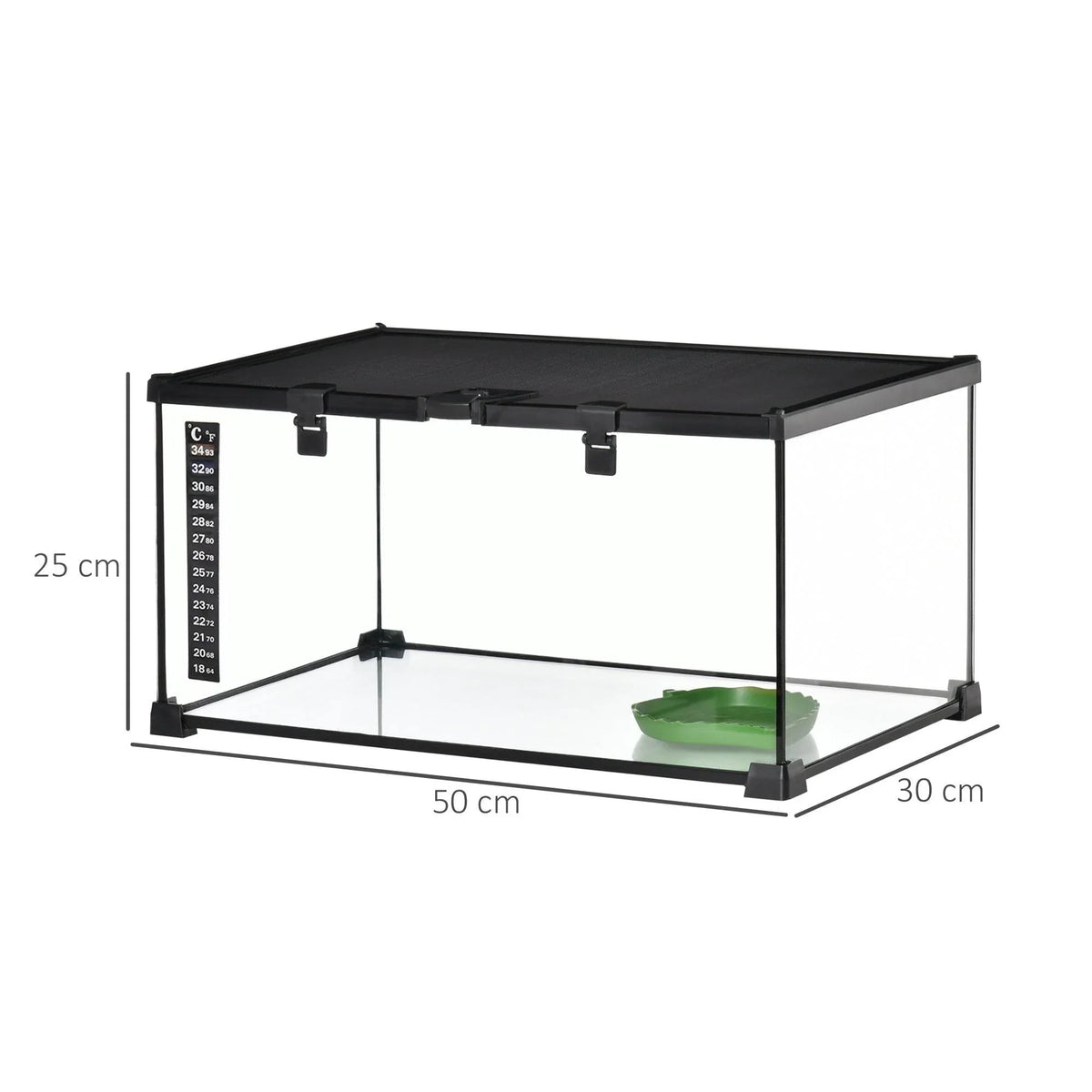 Black glass reptile terrarium with open top, thermometer column, and dimensions 50 x 30 x 25 cm