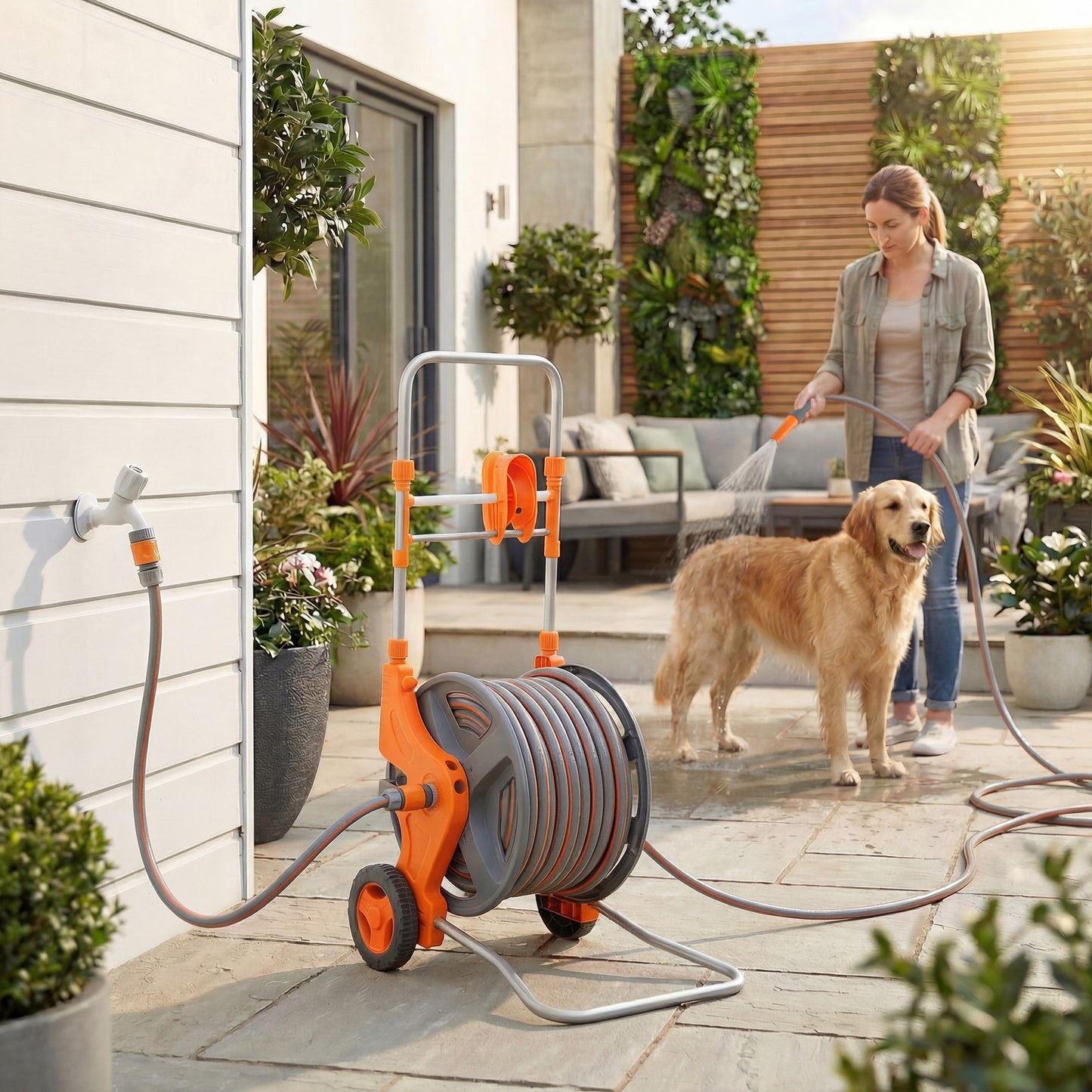 Outsunny Hose Reel Cart With Wheels 45m Garden Hose Reel With 2 Pattern Nozzles And Rewind Handle Orange