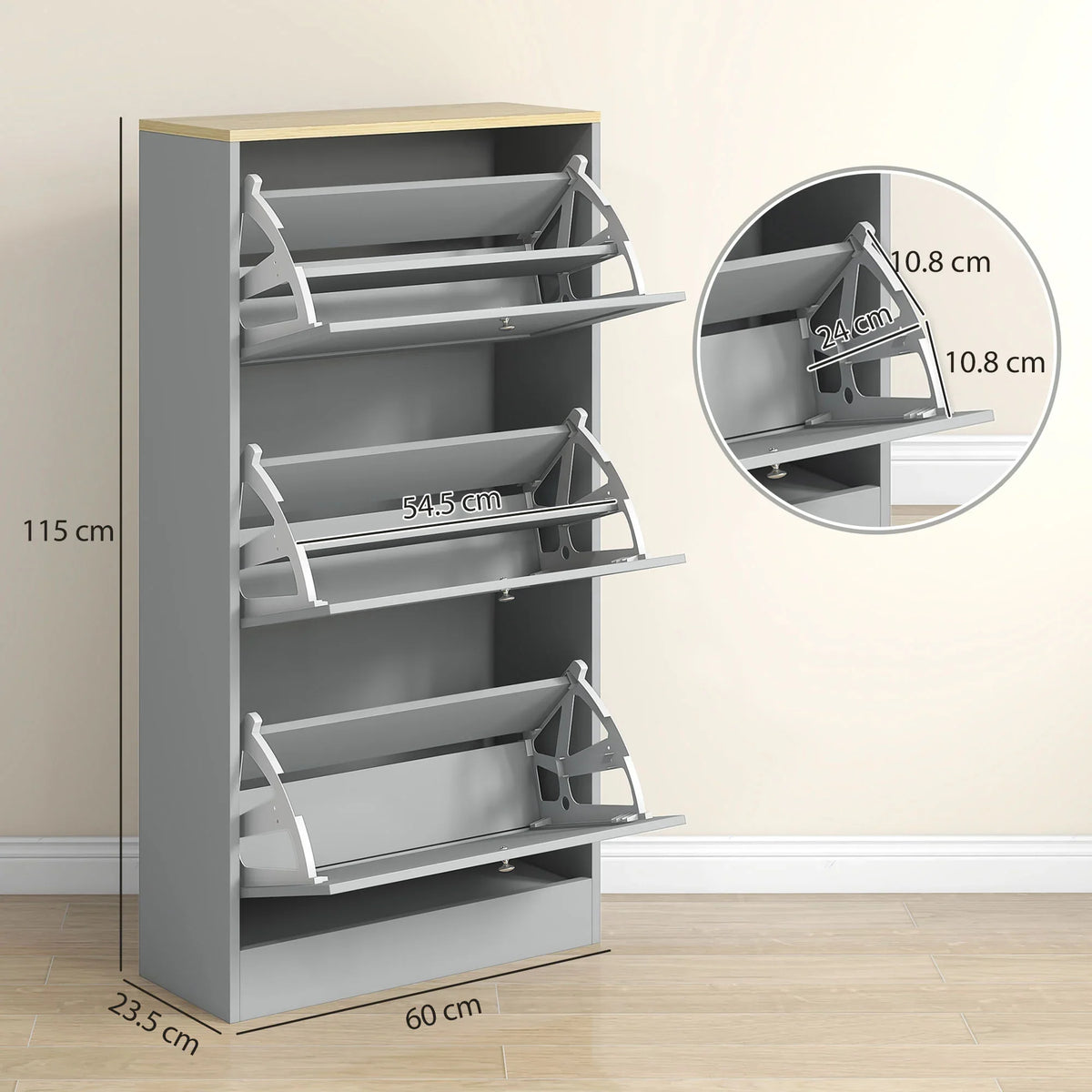 Grey shoe cabinet with open flip drawers and adjustable interior shelves