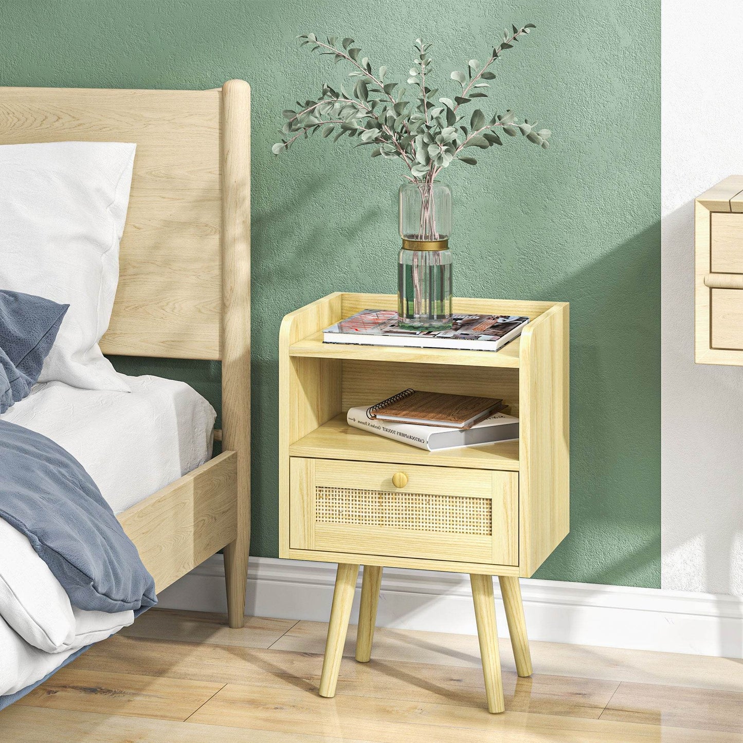 HOMCOM Bohemian Style Nightstand Duo with Storage Drawer and Natural Wood Finish - ALL4U RETAILER LTD