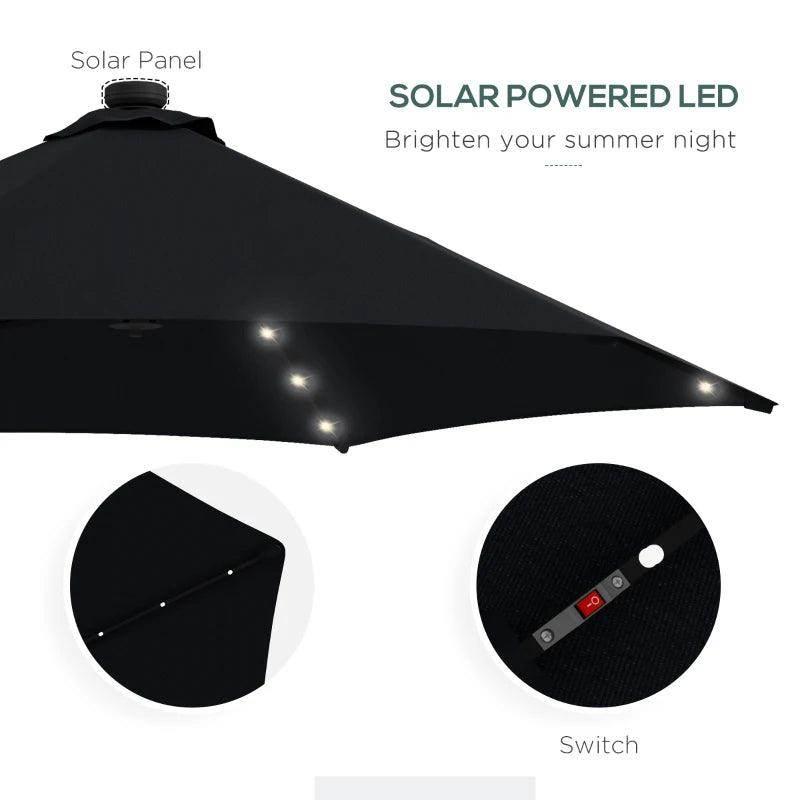 Black umbrella canopy with built-in solar panel, LED lights, and switch