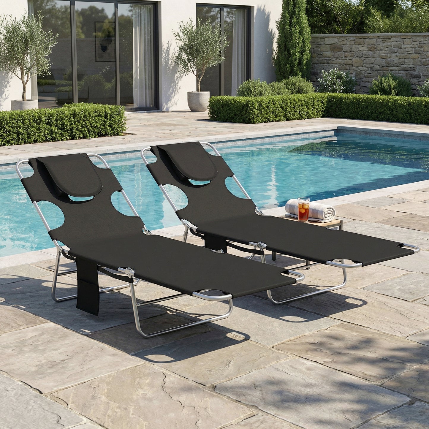 Outsunny 5 Position Adjustable Sun Loungers Set of 2 with Reading Hole and Side Pocket in Black