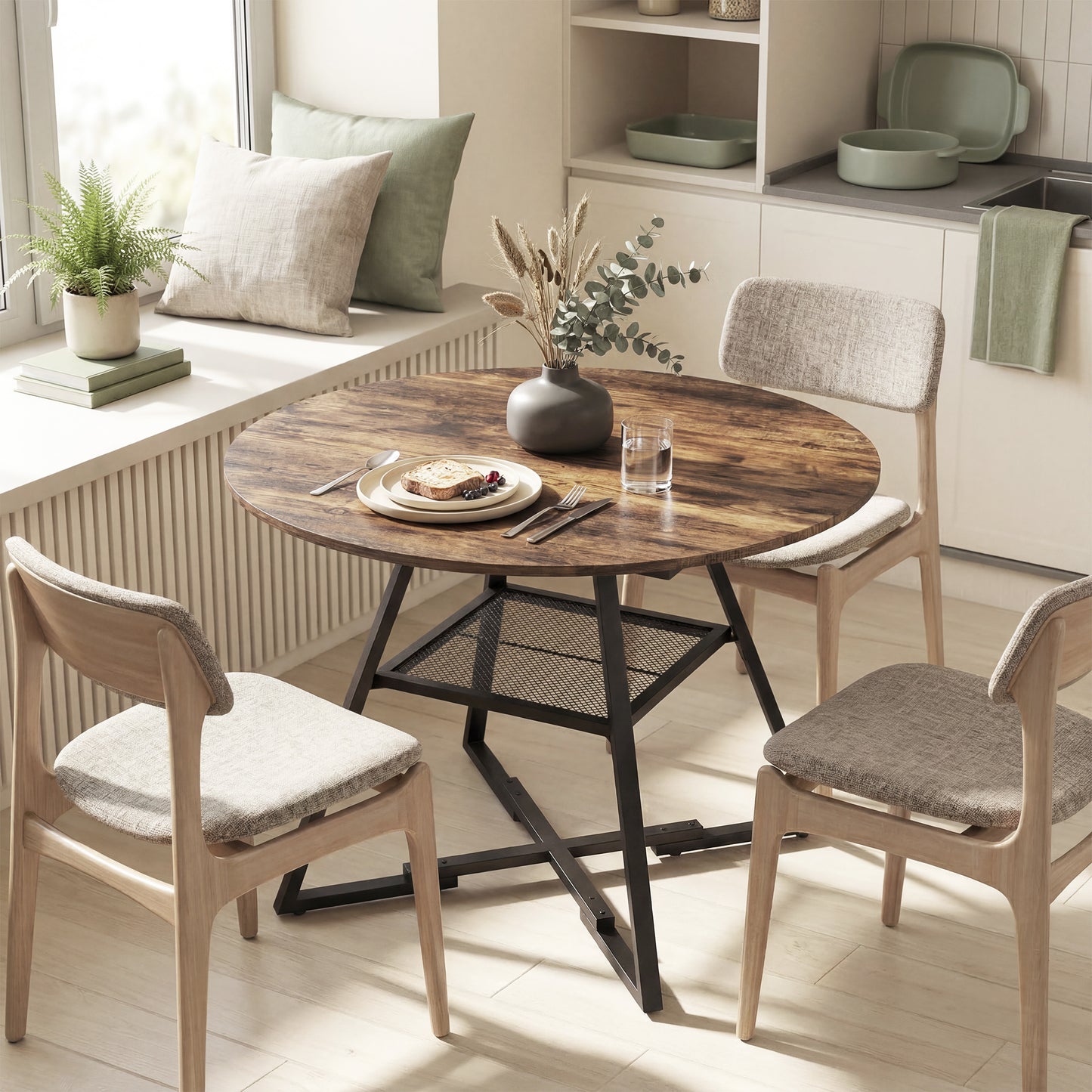 HOMCOM Round Dining Table 100 Cm Seats 4 With Storage Shelf Rustic Brown Industrial Design