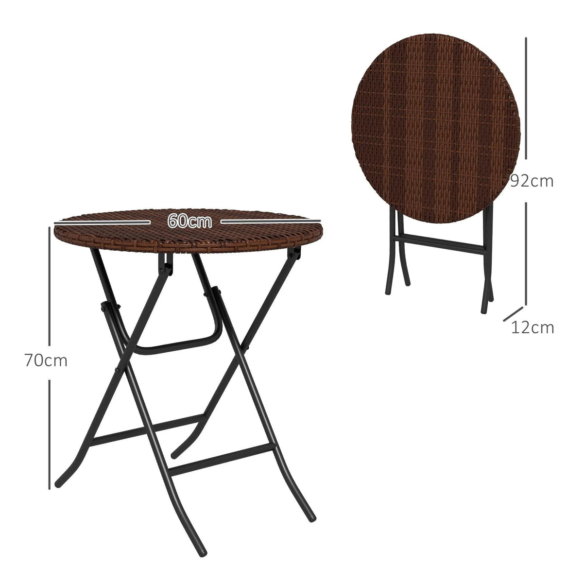 Foldable round rattan side table with dark brown woven top and black metal X frame