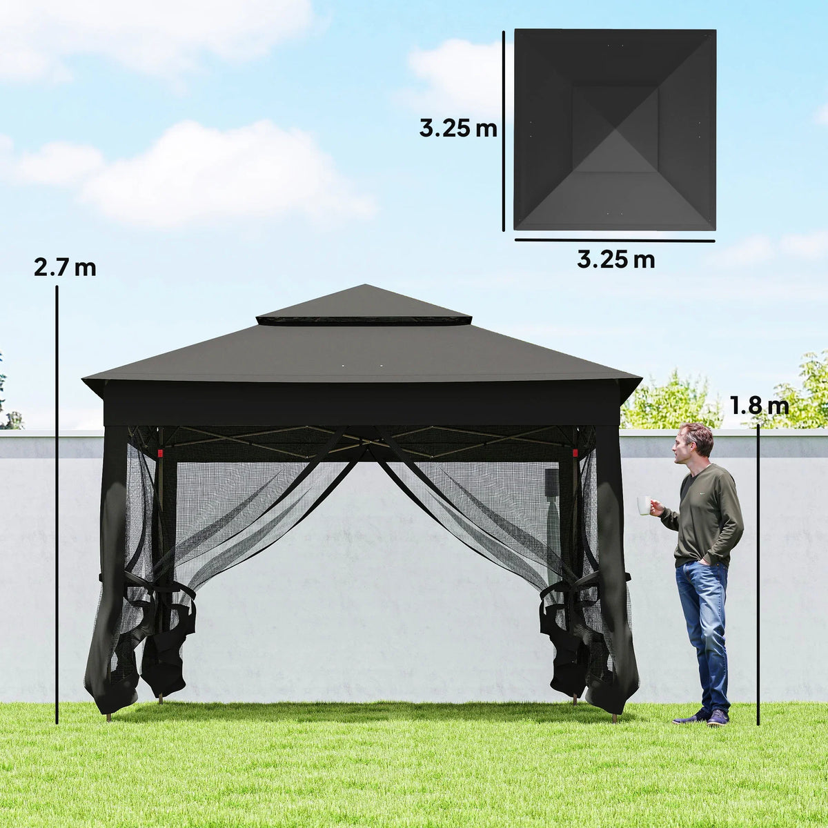 Black pop-up gazebo frame with mesh curtains and double roof canopy, open sides