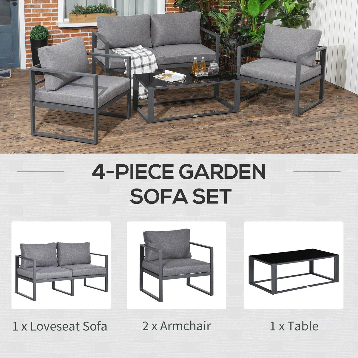 4-piece outdoor sofa set with grey cushions, dark aluminum frames, and glass-topped table