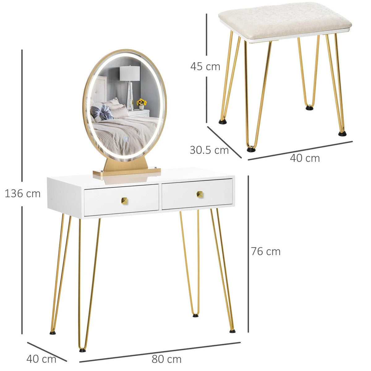 White vanity table with round mirror, two drawers, and cushioned stool on gold legs