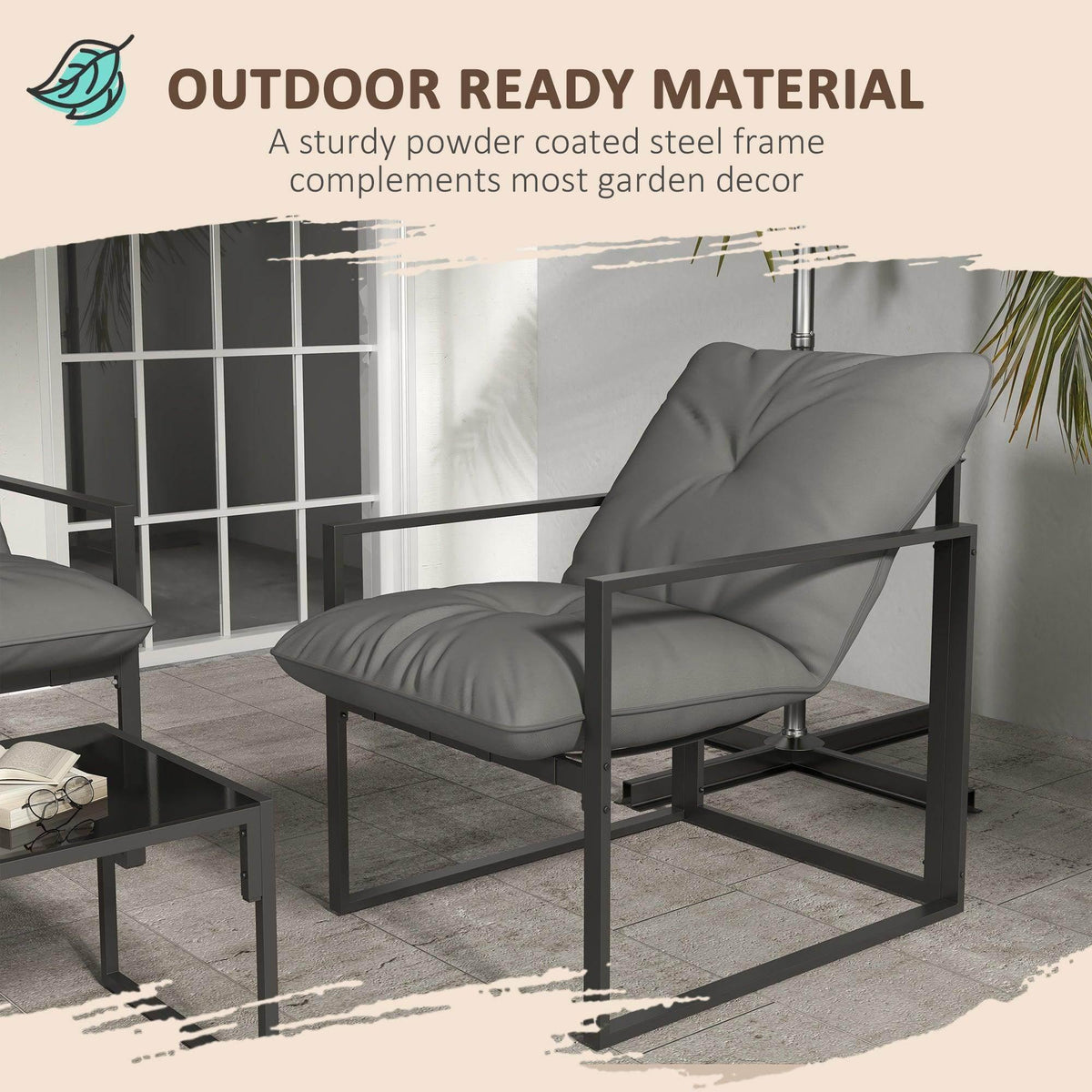 Grey single armchair with thick cushions and dark powder-coated steel frame