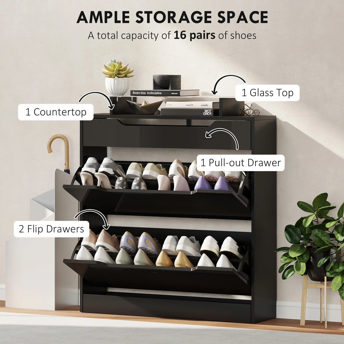 Black narrow shoe storage cabinet with glass top, pull-out drawer and flip doors