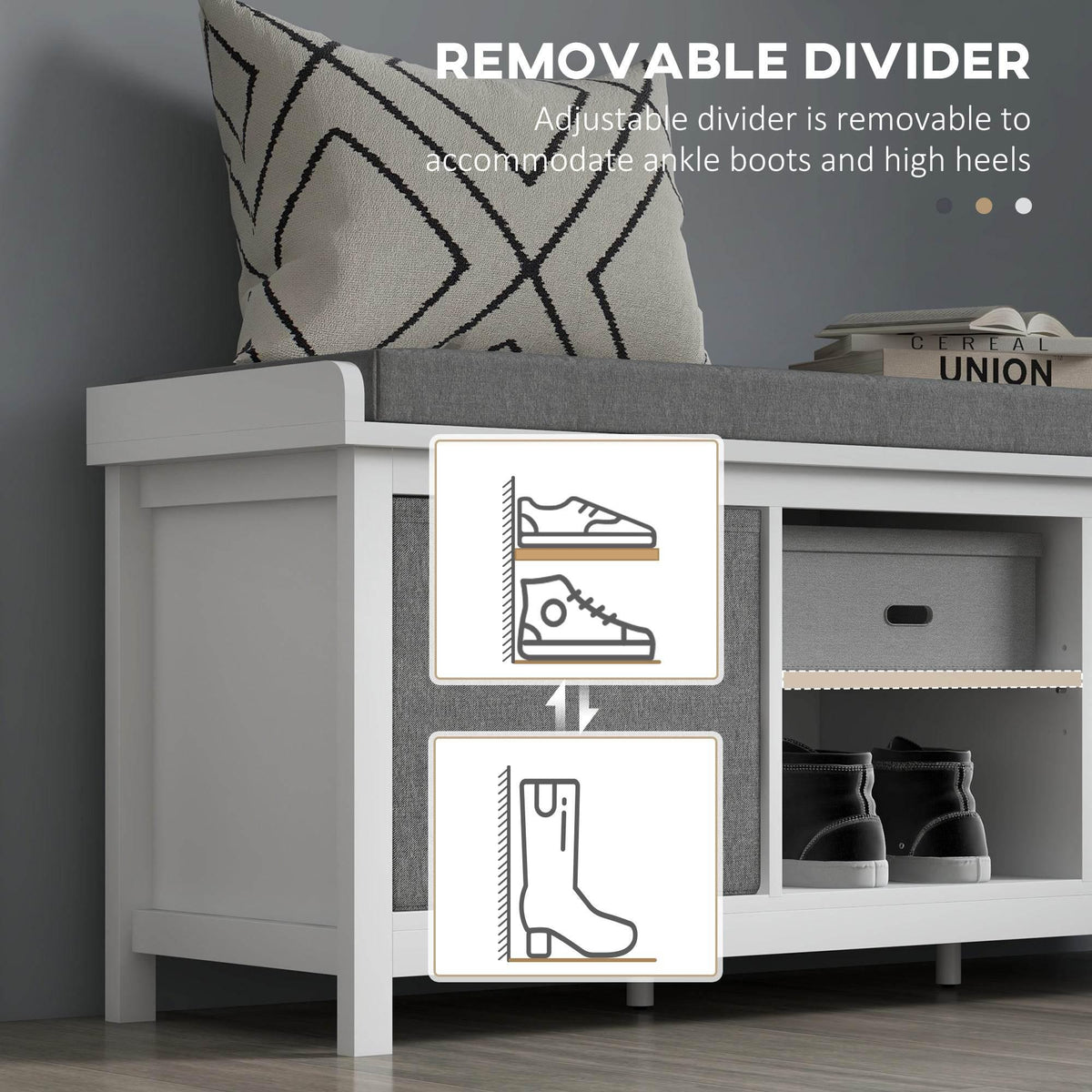 Shoe storage bench with removable divider inside open shoe storage, gray upholstery