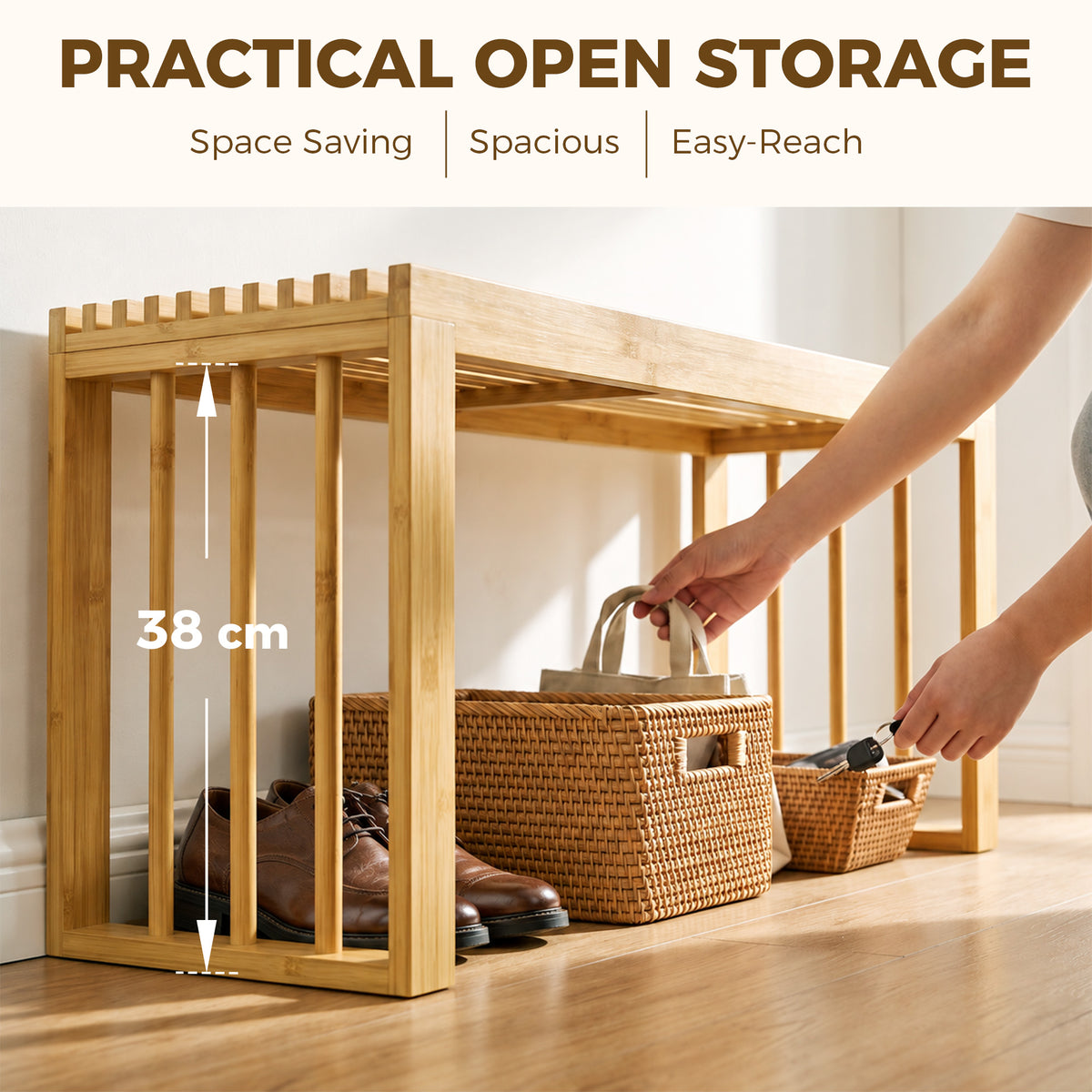 Bamboo shoe bench with open storage under slatted top; hand placing items inside