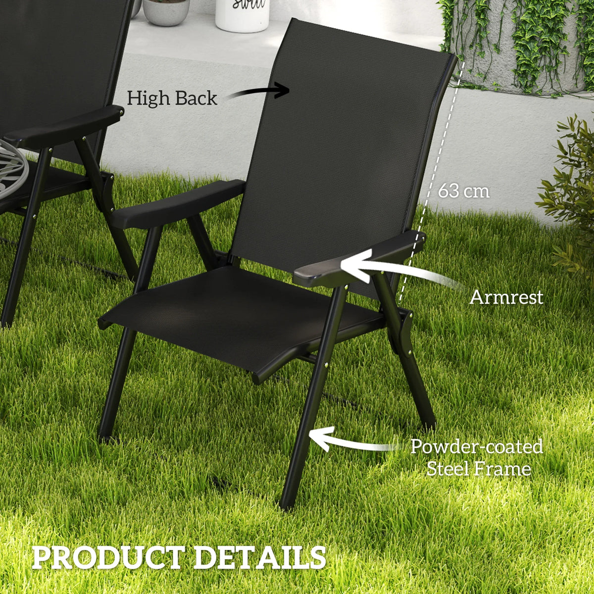 Black high-back folding outdoor chair with armrests and breathable mesh seat