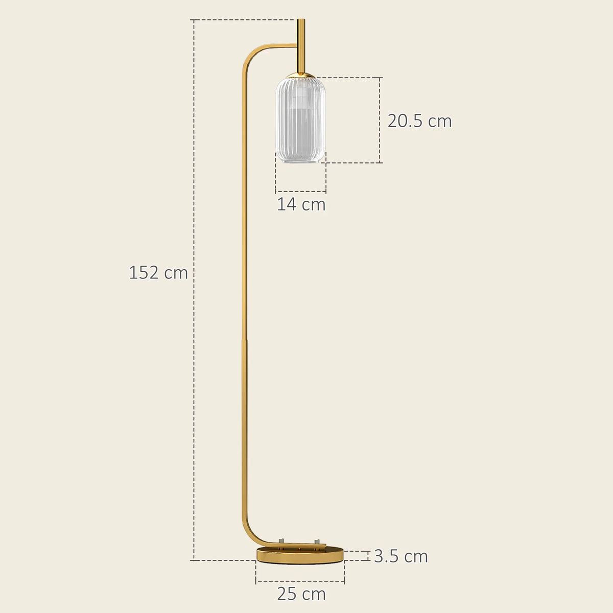 Gold floor lamp diagram with clear glass shade, curved pole, and circular base