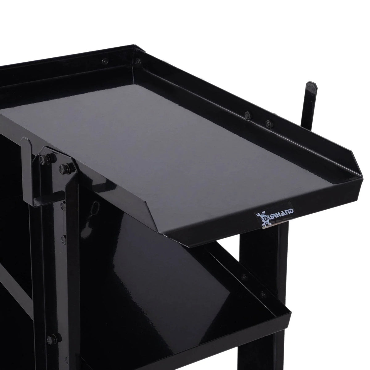 Black metal welding trolley cart top shelf with side support beams