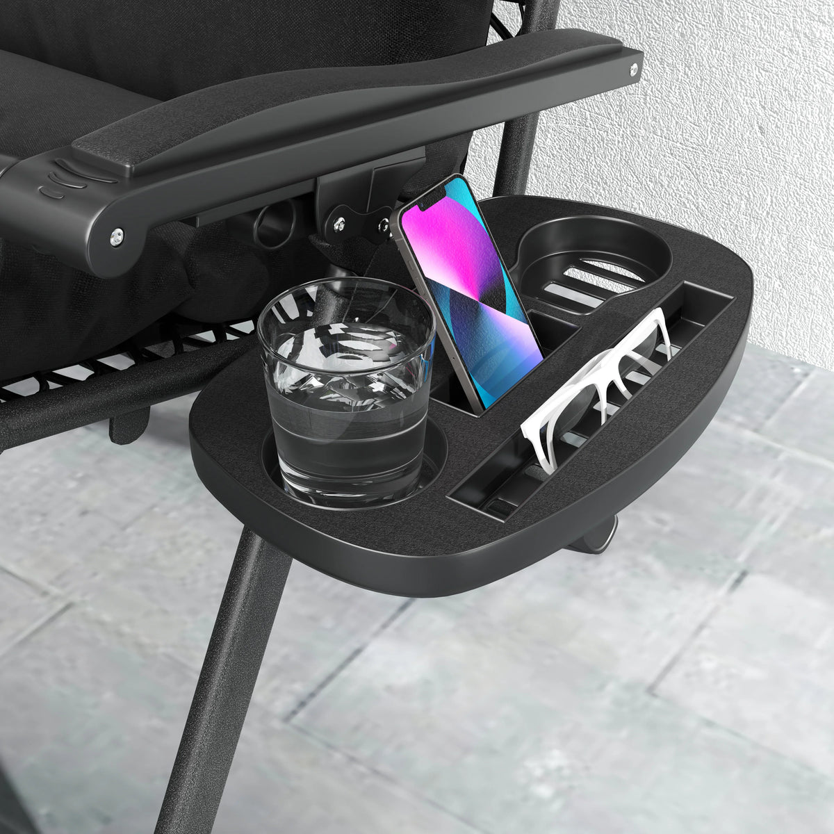 Black zero-gravity lounge chair side tray with cup holder and accessory storage