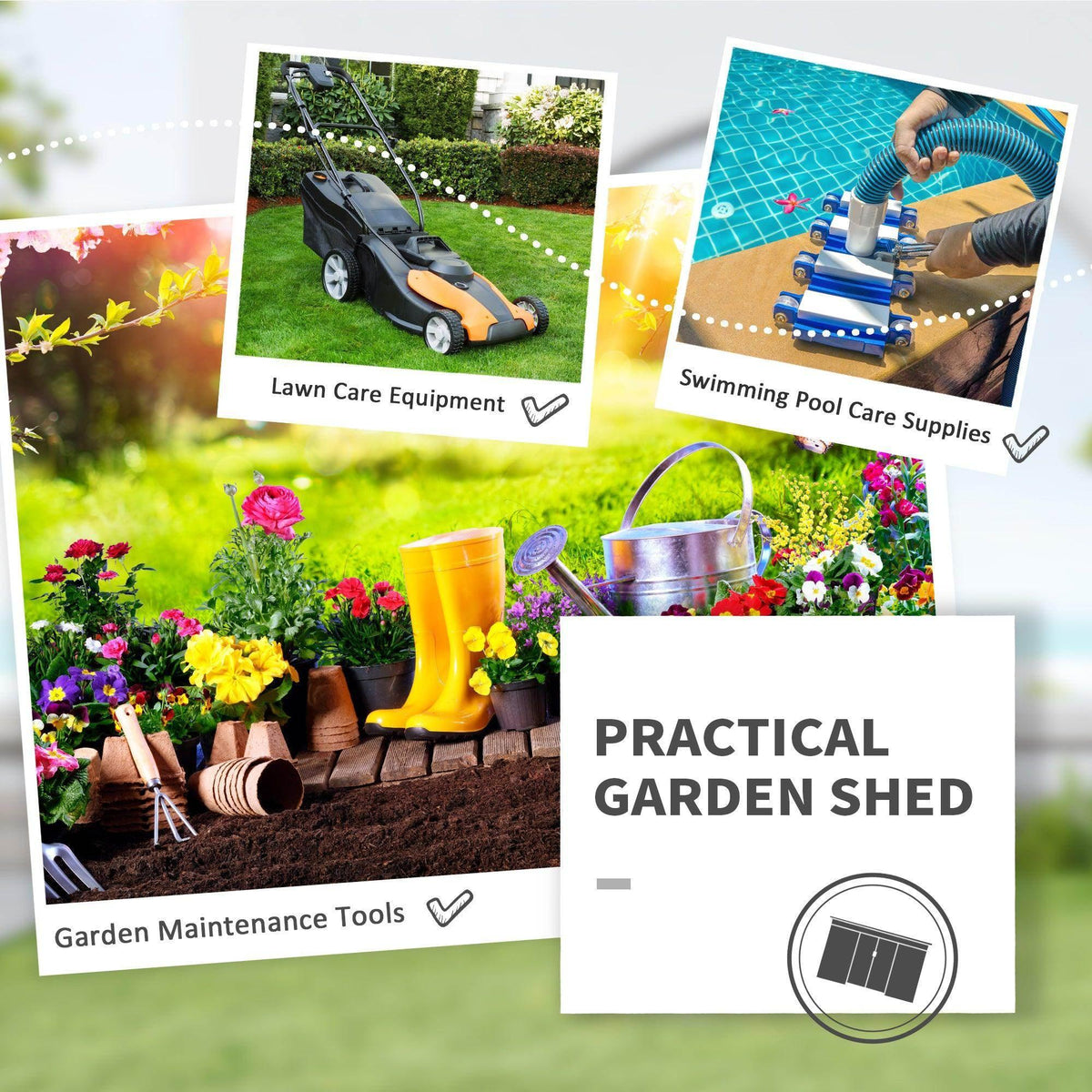 Garden shed promotional layout with yard tools, flowers, and outdoor care images
